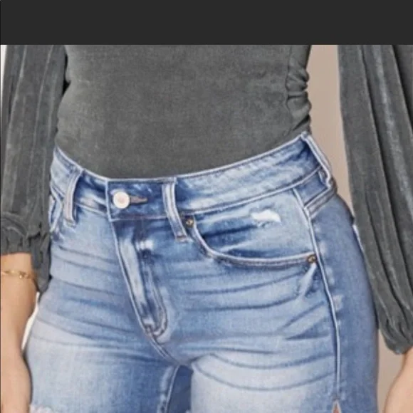 High Waist Rise Medium Wash Distressed Frayed Denim Jeans Shorts XS-L - Picture 2 of 8